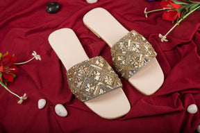 Handcrafted Flat Sandals with Traditional Beaded & Golden Zari Work Detailing