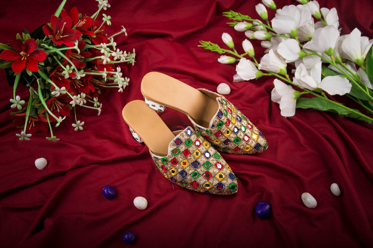 Multicolor Mirror & Embroidered Mule Block Heels