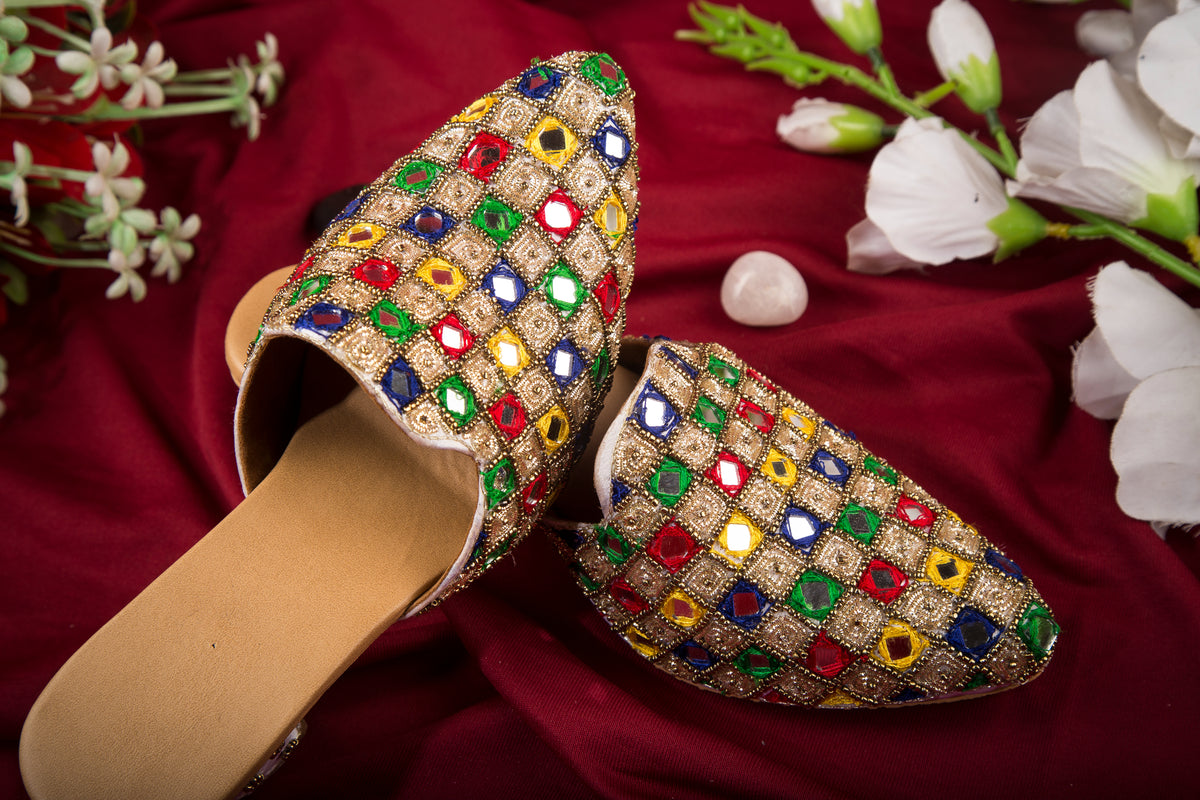 Multicolor Mirror & Embroidered Mule Block Heels