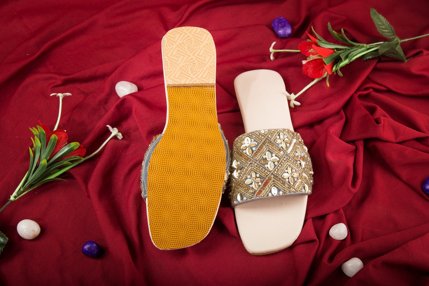 Handcrafted Flat Sandals with Traditional Beaded & Golden Zari Work Detailing