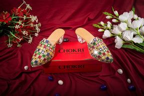 Multicolor Mirror & Embroidered Mule Block Heels