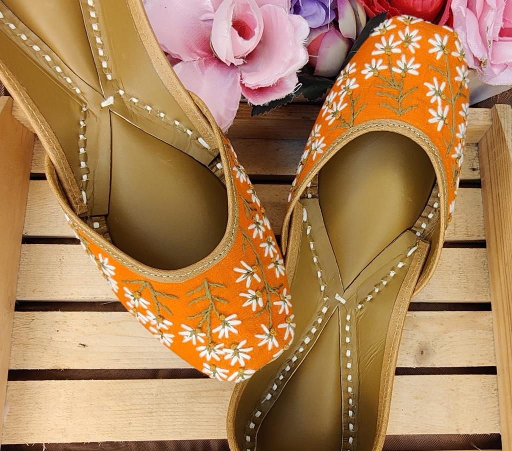 Orange Colour Jutti With White Embroidery Work