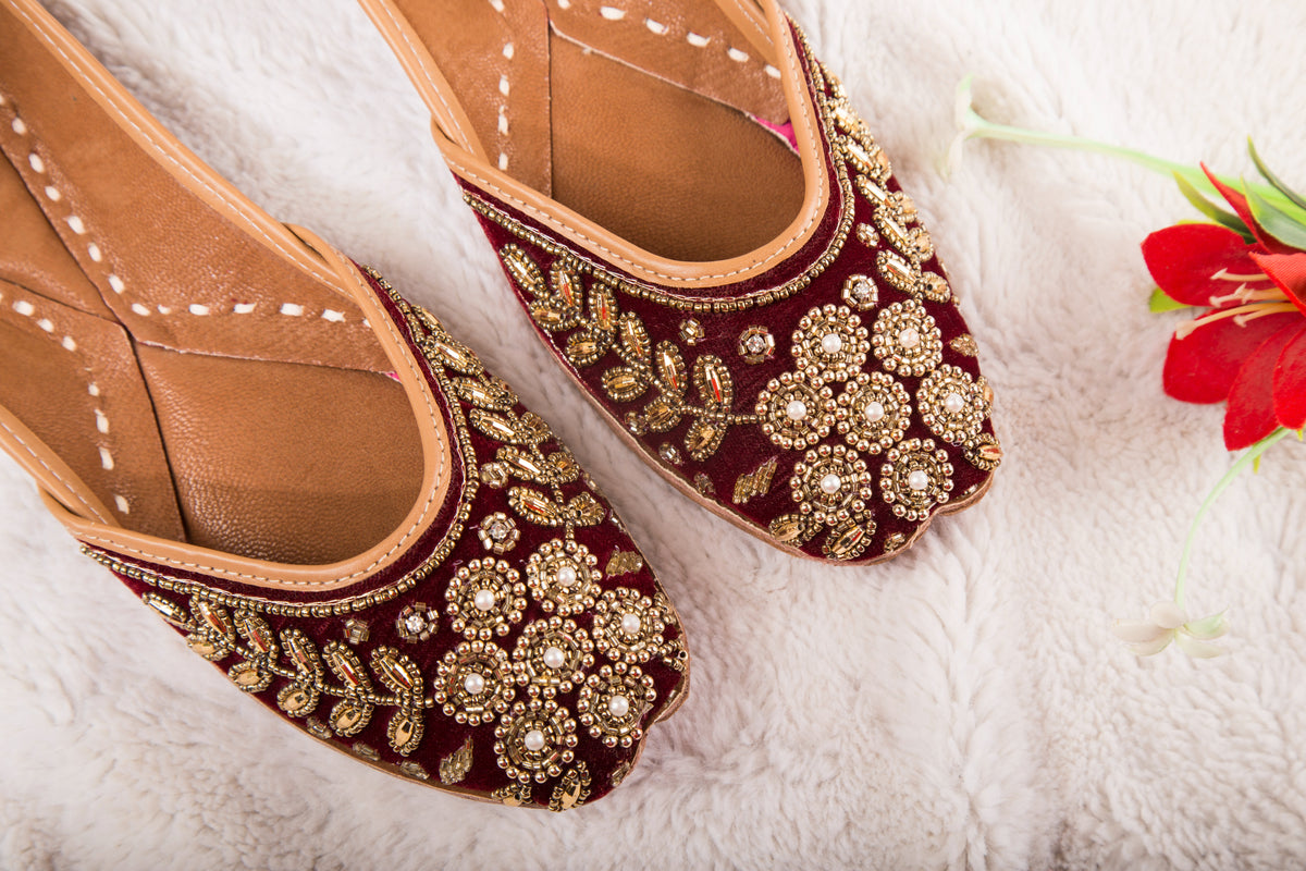 Pure Leather Maroon Colour Jutti with Golden Beads work