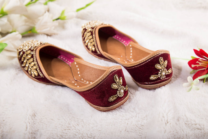 Pure Leather Maroon Colour Jutti with Golden Beads work