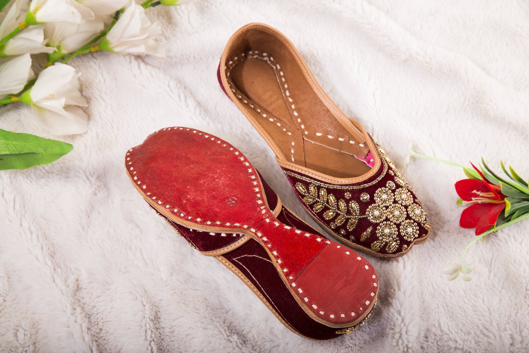 Pure Leather Maroon Colour Jutti with Golden Beads work