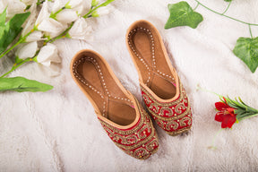 Pure Leather Red Colour Jutti with Golden Beads work