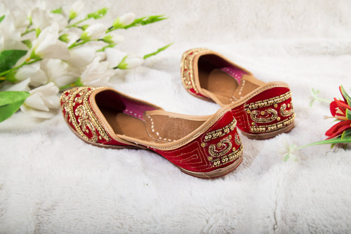 Pure Leather Red Colour Jutti with Golden Beads work