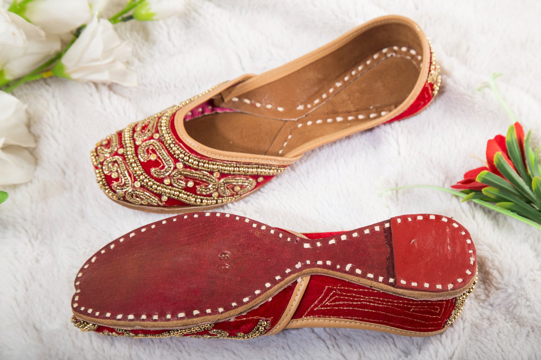 Pure Leather Red Colour Jutti with Golden Beads work