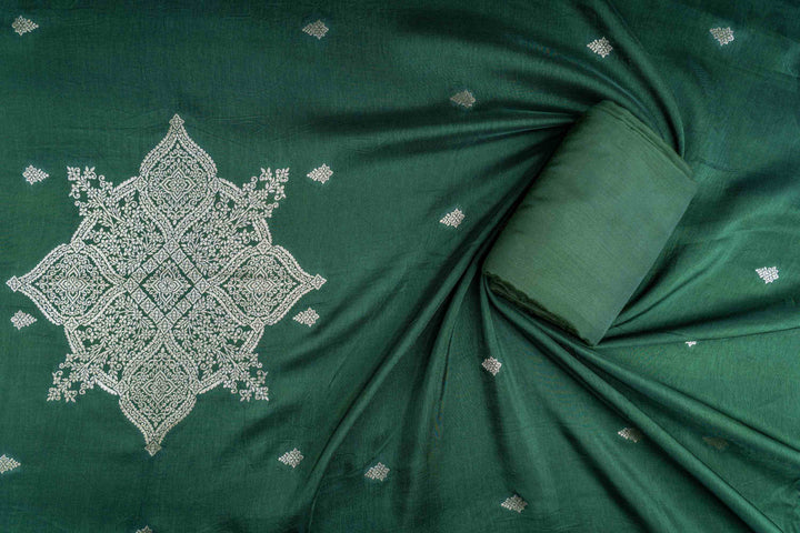 Green Zariwork Banarasi Silk Unstitched Salwar Suit