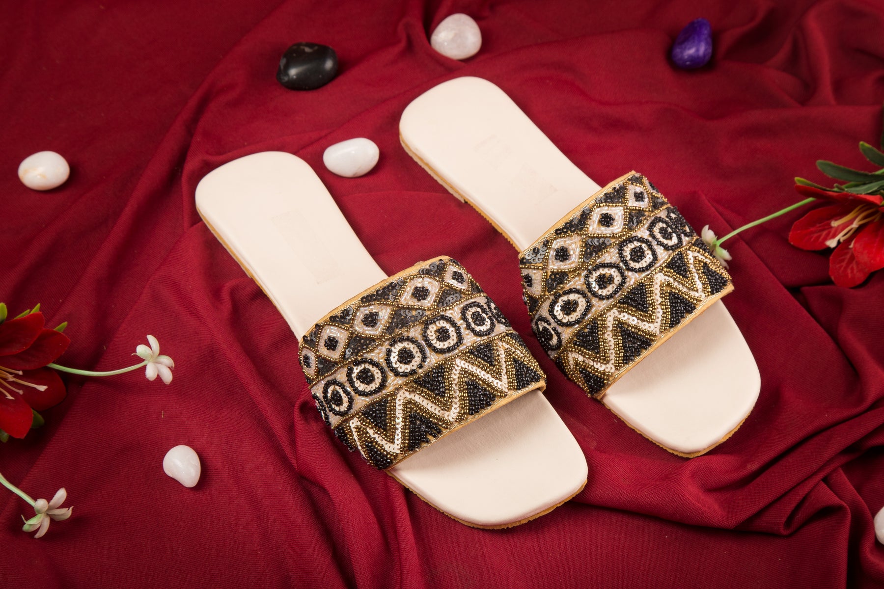 Handcrafted Flat Sandals with Beaded & Sequin Work Detailing