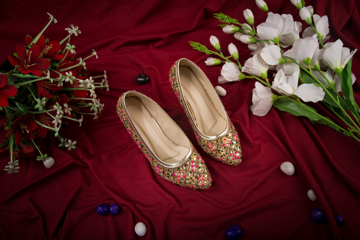 Pink & Green Flower Design Ethnic Heels on Cream Base