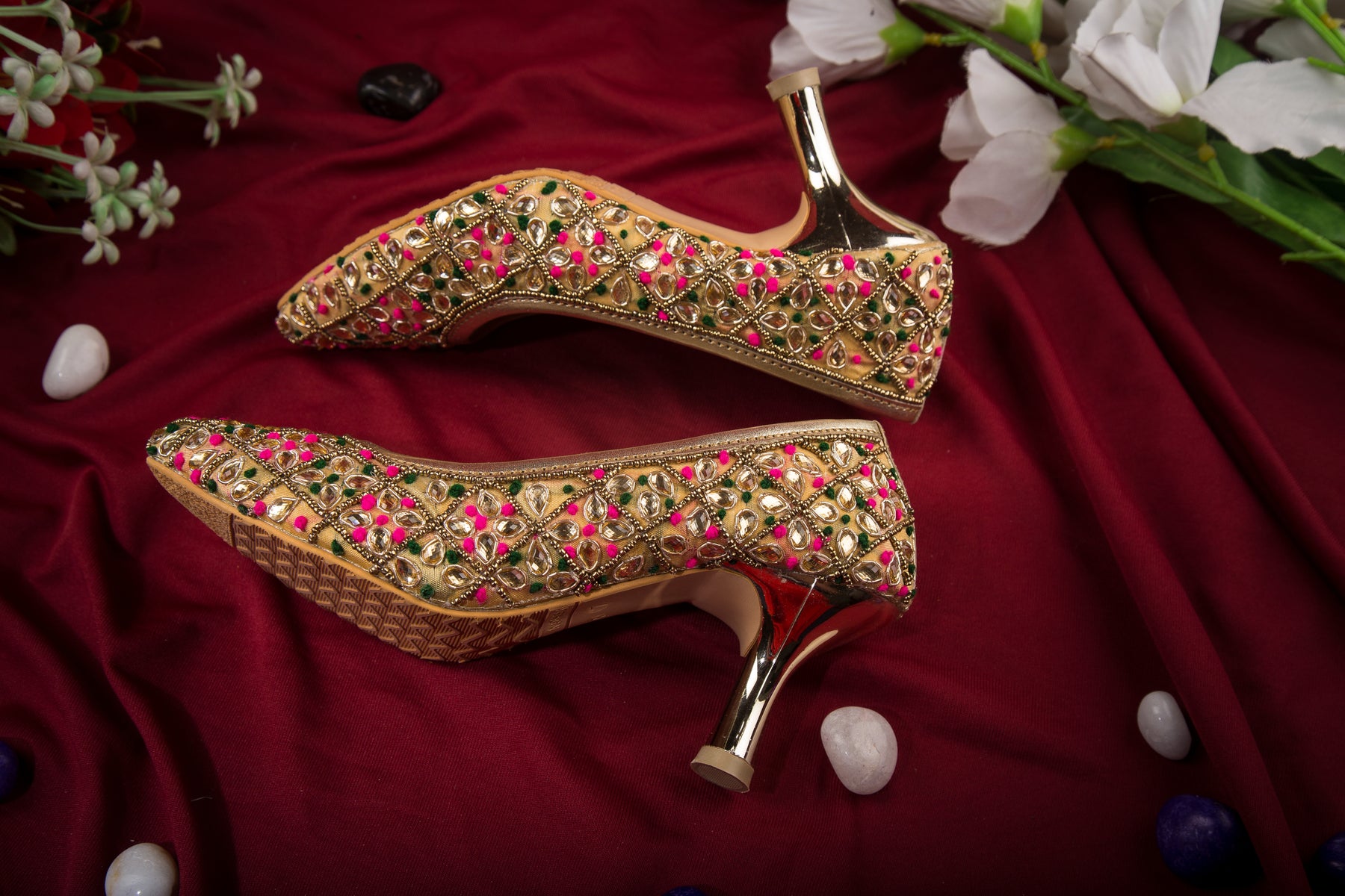 Pink & Green Flower Design Ethnic Heels on Cream Base