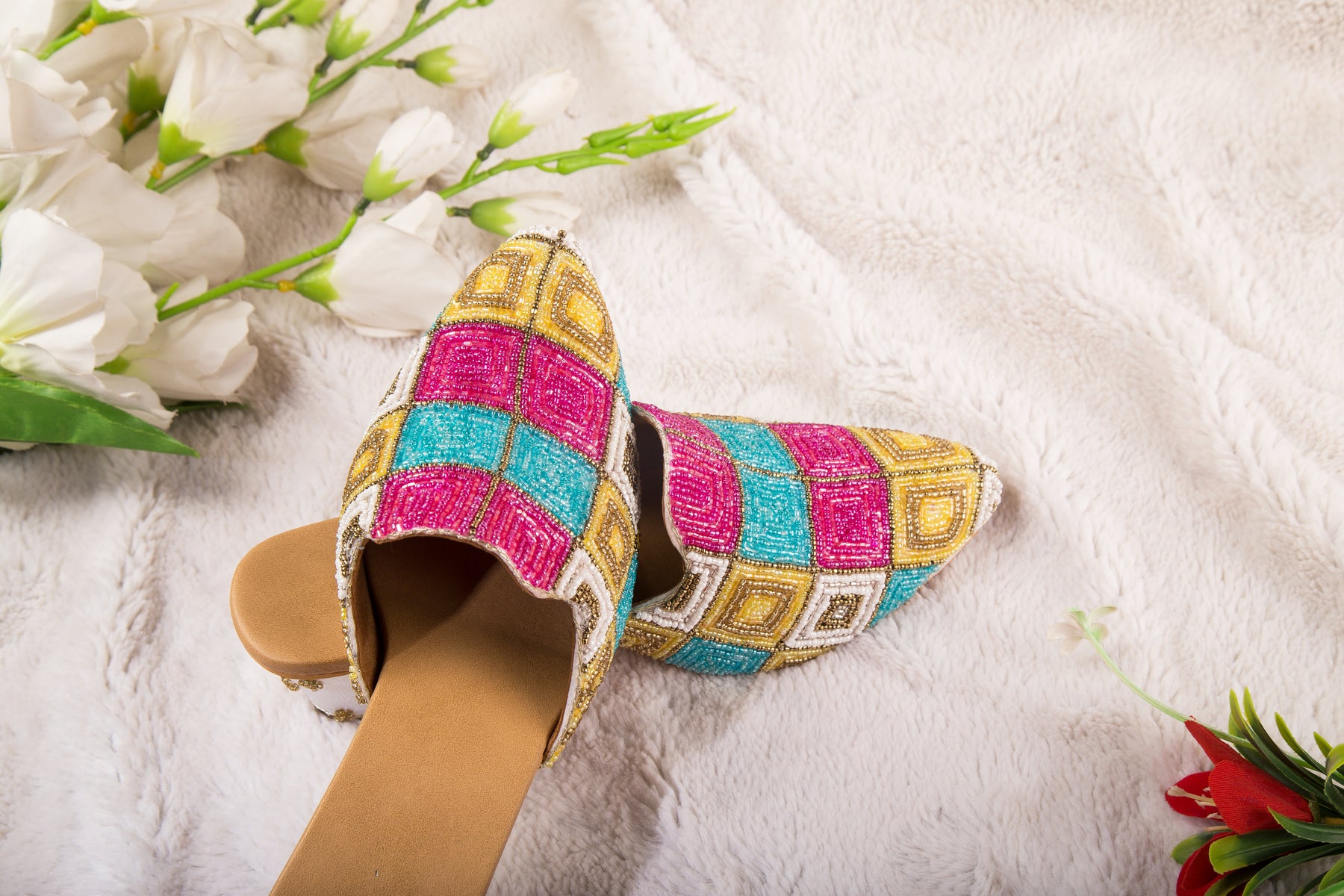 Multicolor Beads Mule Block Heels