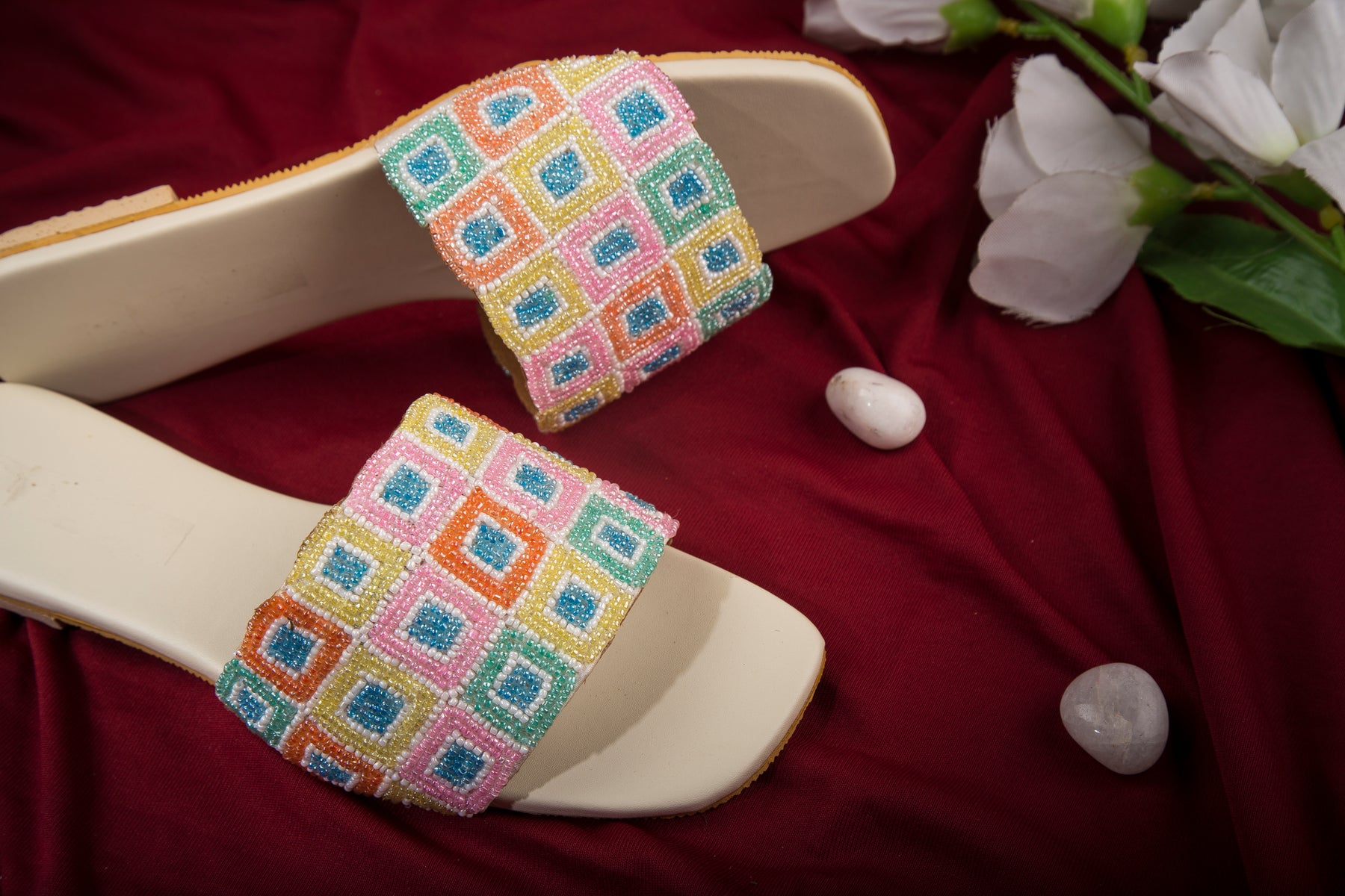 Handcrafted Flat Sandals with Multicolor Square Pattern Beads