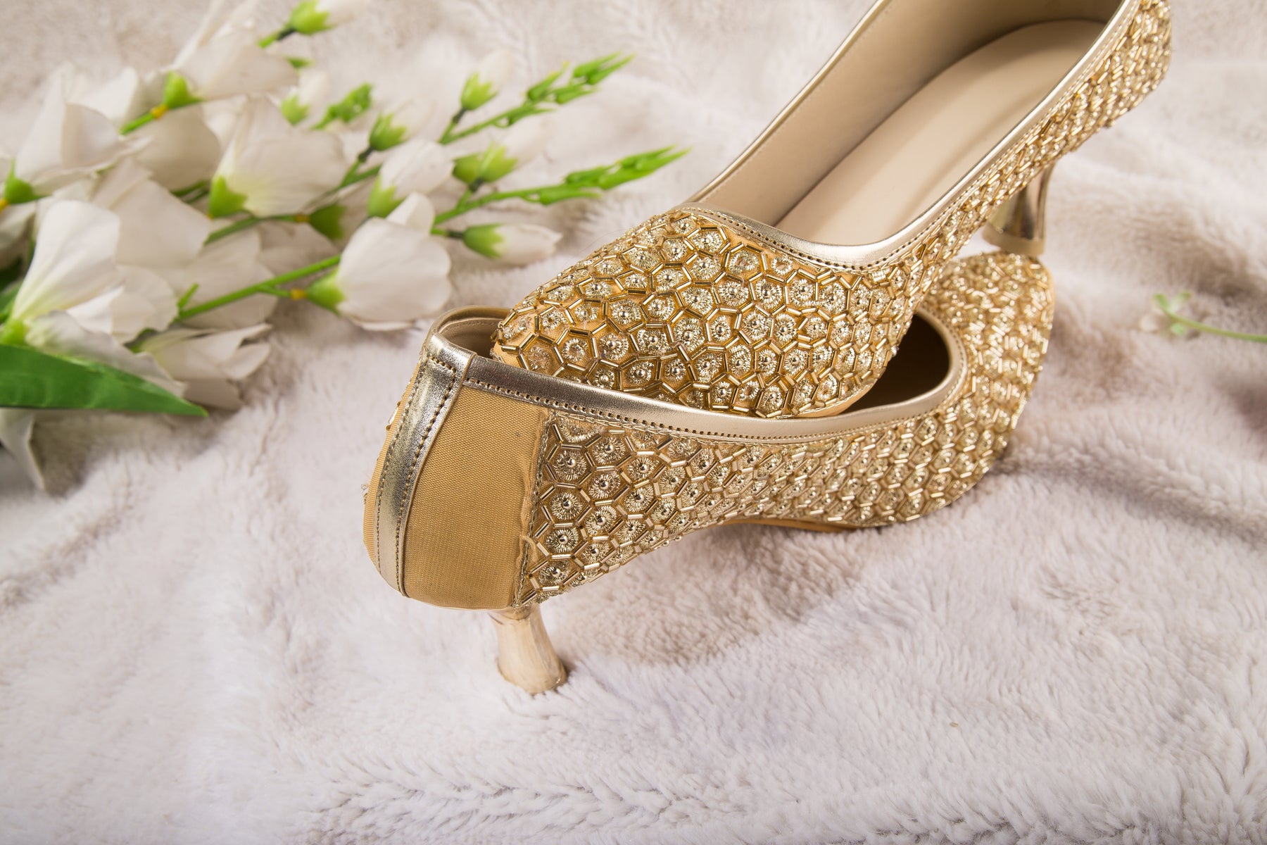 Golden Color Premium & Heavy Zari Work Ethnic Heels