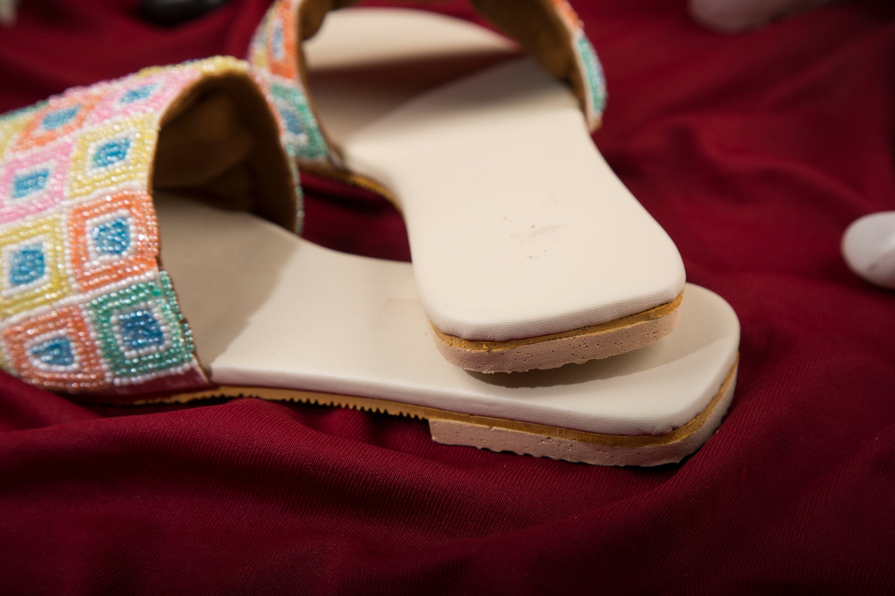 Handcrafted Flat Sandals with Multicolor Square Pattern Beads