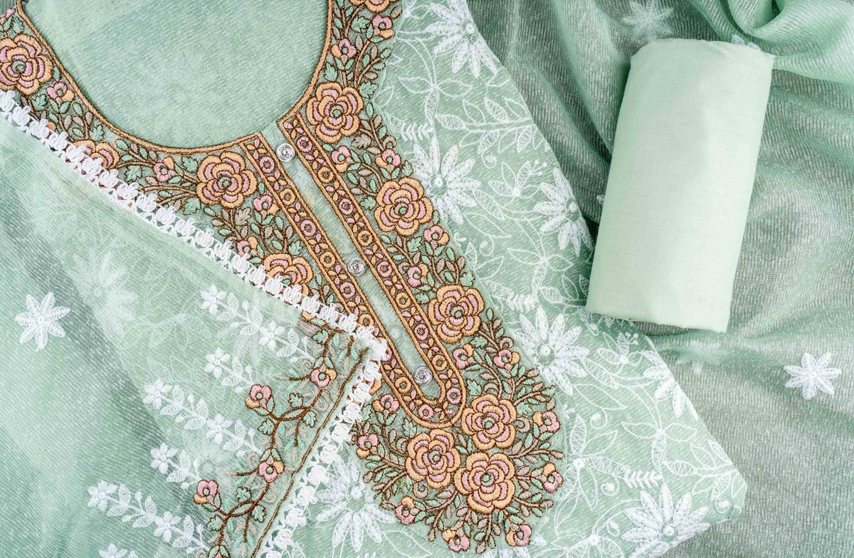 Premium Unstitched Pakistani Kota Doriya Pista Green Suit