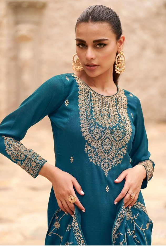 MEERA TURQUOISE BLUE COLOR PREMIUM SILK SALWAR SUIT DRESS MATERIAL