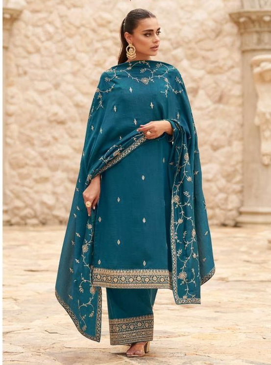 MEERA TURQUOISE BLUE COLOR PREMIUM SILK SALWAR SUIT DRESS MATERIAL