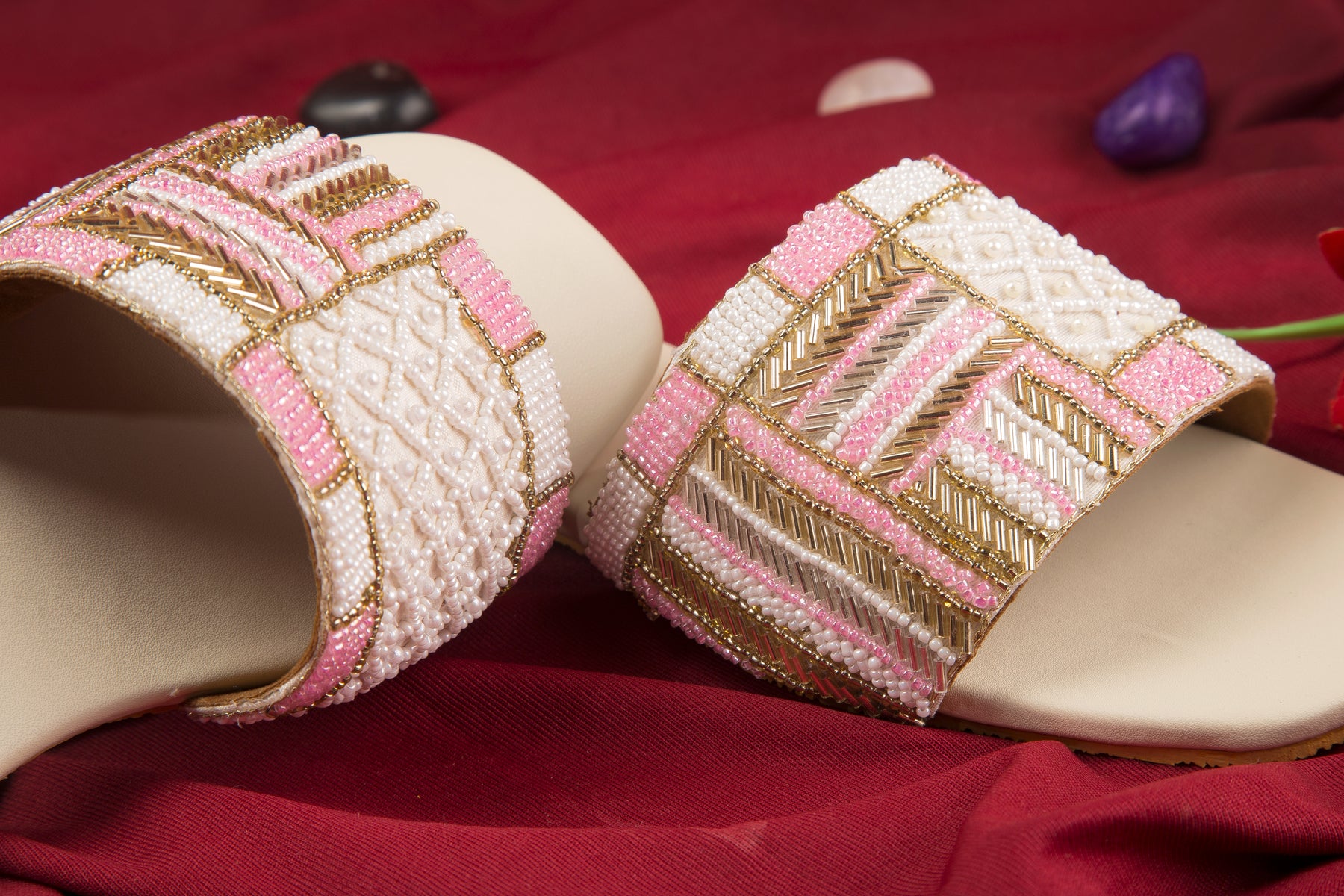 Handcrafted Flat Sandals with Pink, White & Golden Pattern Pearl & Beads