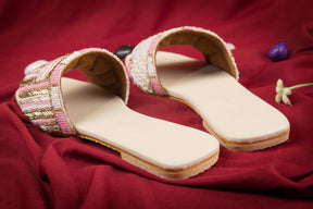 Handcrafted Flat Sandals with Pink, White & Golden Pattern Pearl & Beads