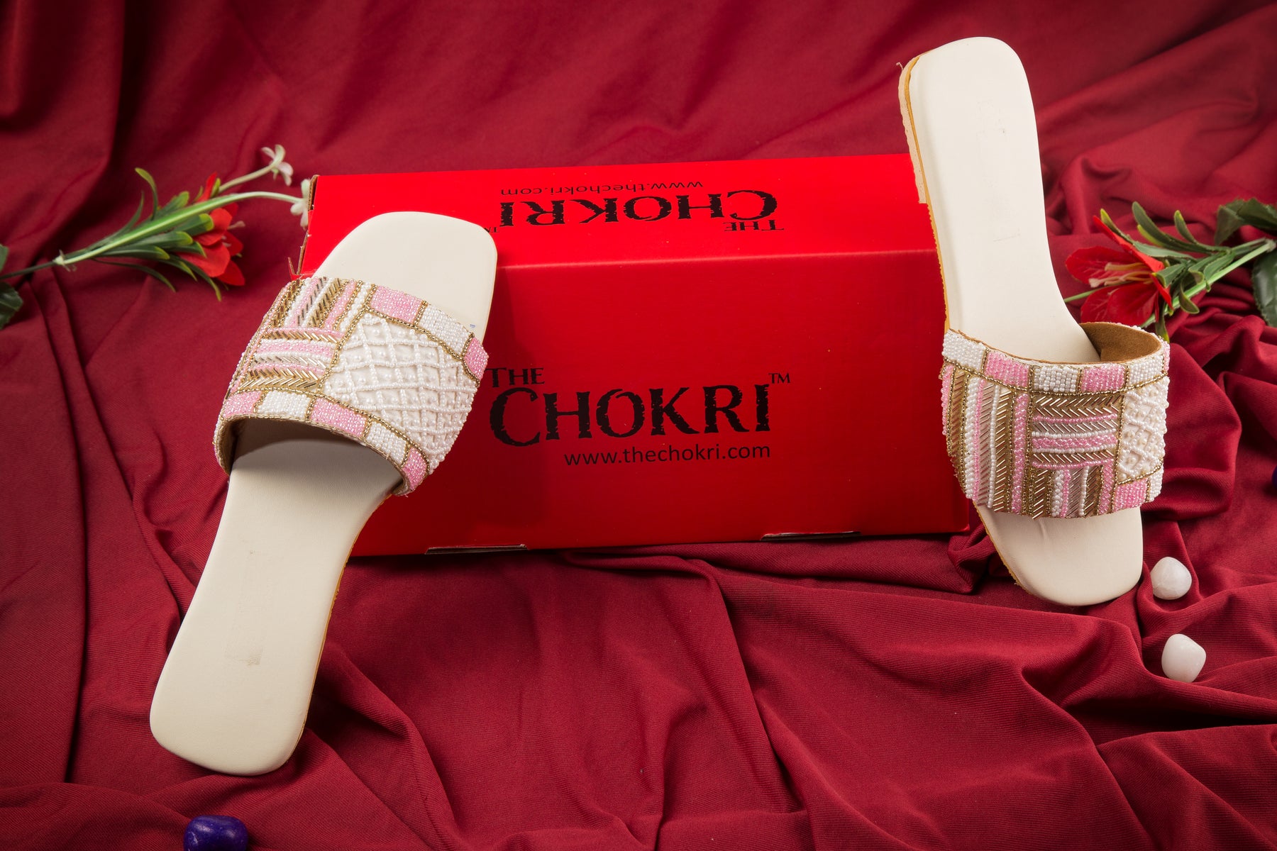 Handcrafted Flat Sandals with Pink, White & Golden Pattern Pearl & Beads