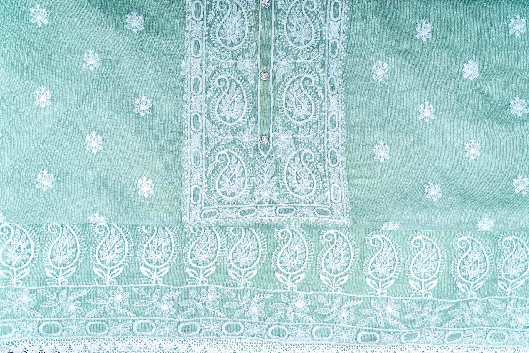 Unstitched Pakistani Kota Doriya Pista Green Suit with thread embroidery