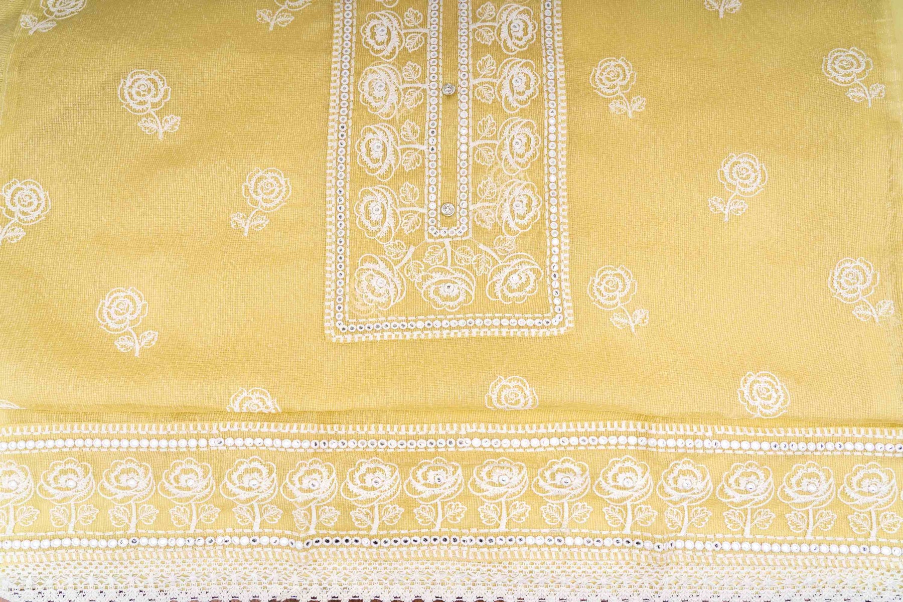 Unstitched Pakistani Kota Doriya Yellow Suit with thread embroidery