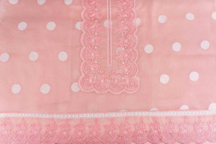 Unstitched Pakistani Kota Doriya Pink Suit with thread embroidery