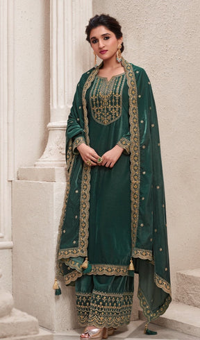 INAYA- GREEN PREMIUM VELVET EMBROIDERY DRESS MATERIAL