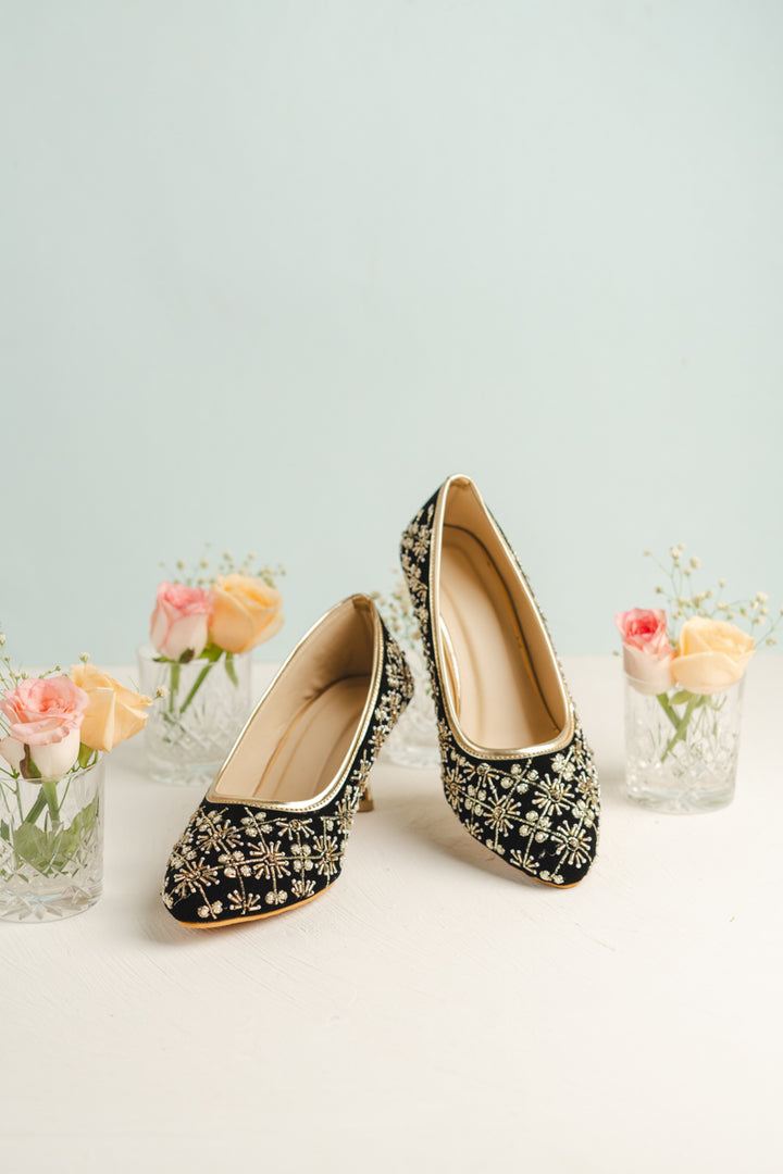 Black Color heels with Golden Zari, Beads and Pearl