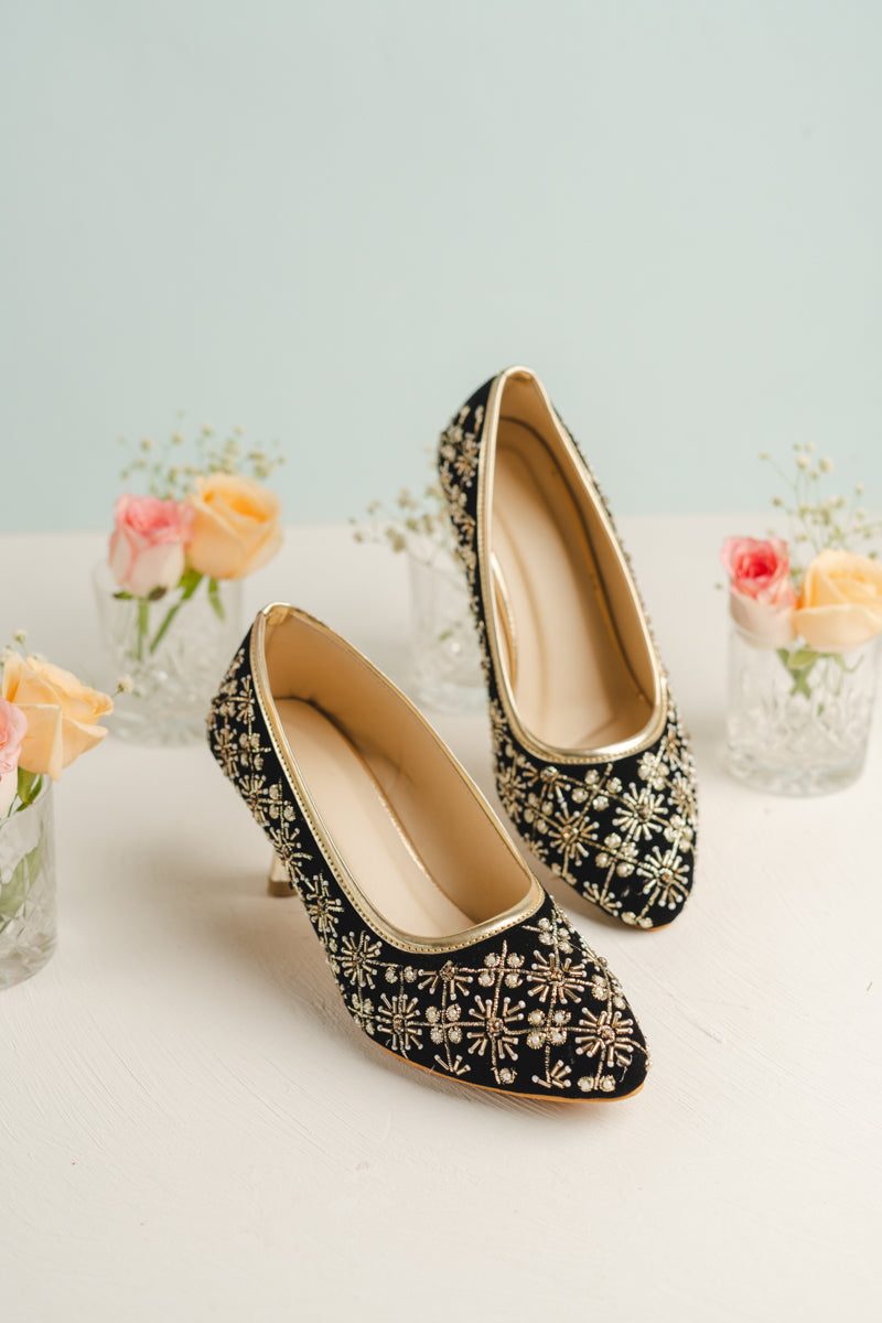 Black Color heels with Golden Zari, Beads and Pearl