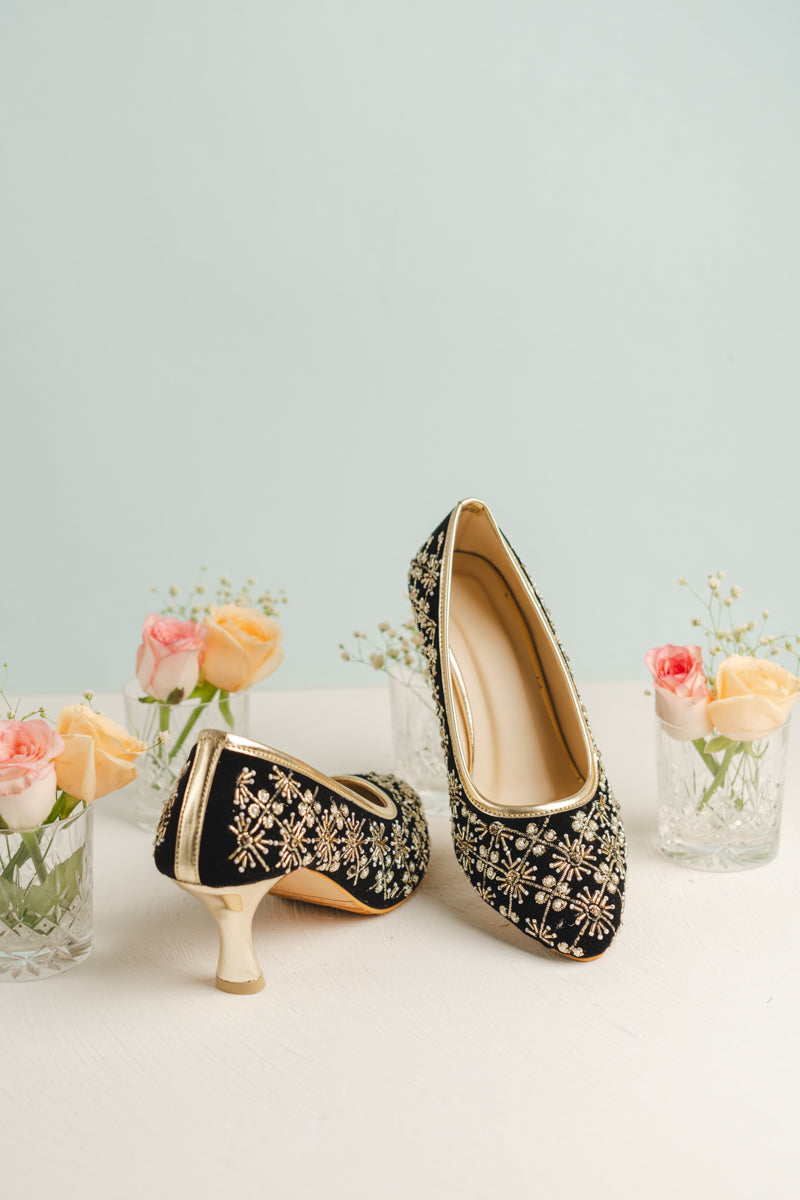 Black Color heels with Golden Zari, Beads and Pearl