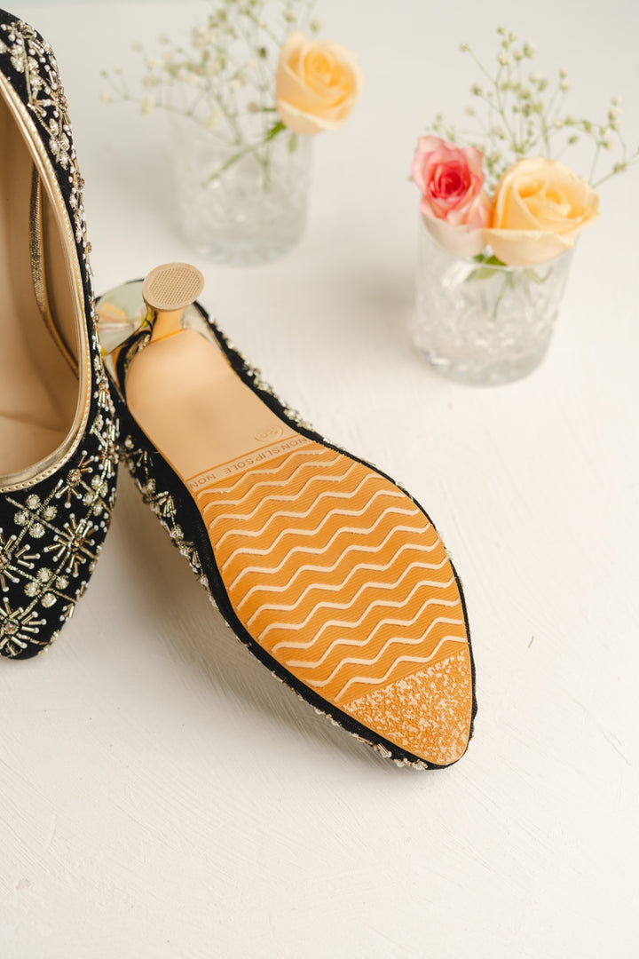 Black Color heels with Golden Zari, Beads and Pearl