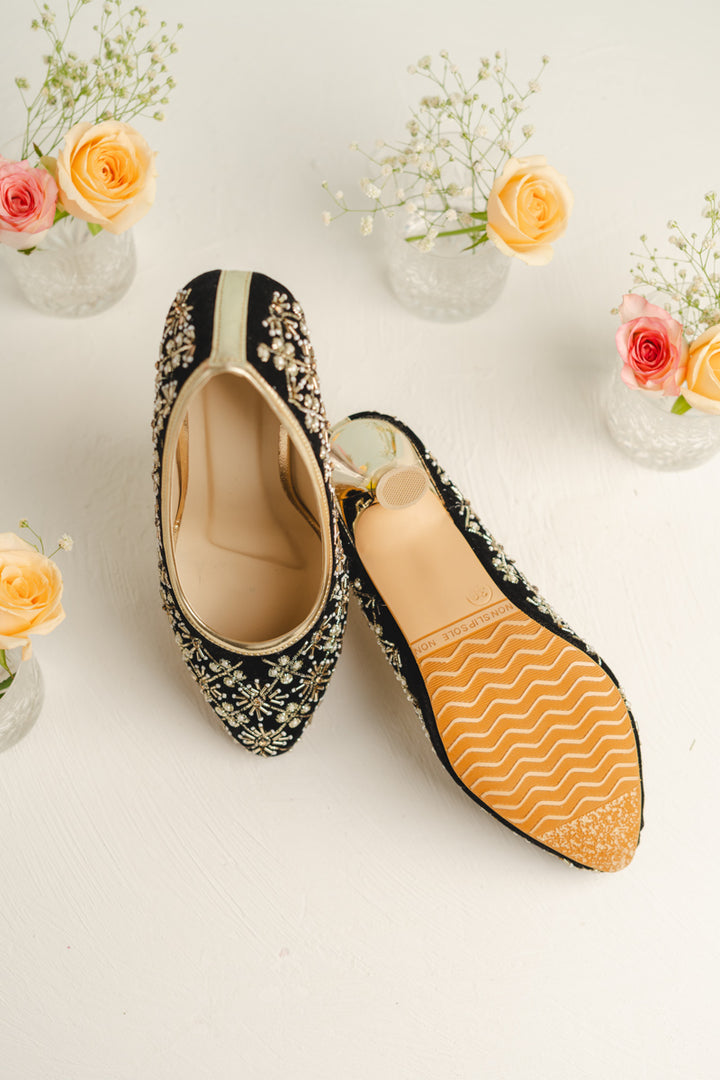 Black Color heels with Golden Zari, Beads and Pearl