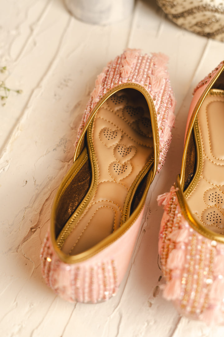 Light Pink Colour Jutti With Heavy Beads & Hanging Thread Work