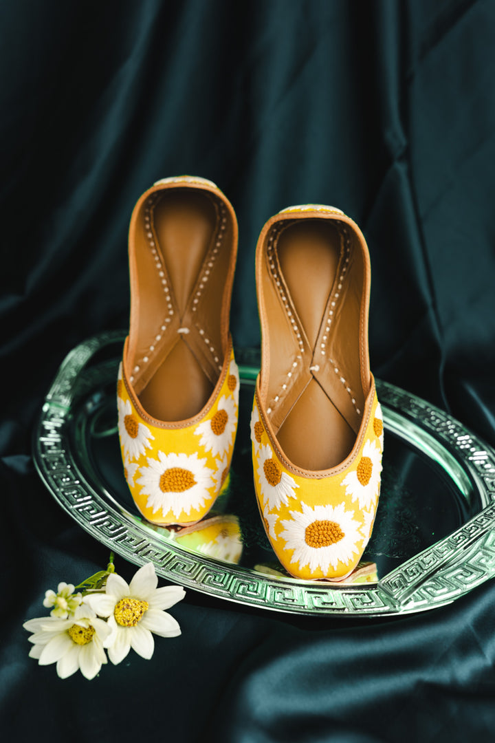 Yellow Colour Jutti with White Embroidery & Beads Work