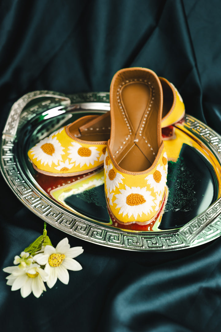 Yellow Colour Jutti with White Embroidery & Beads Work