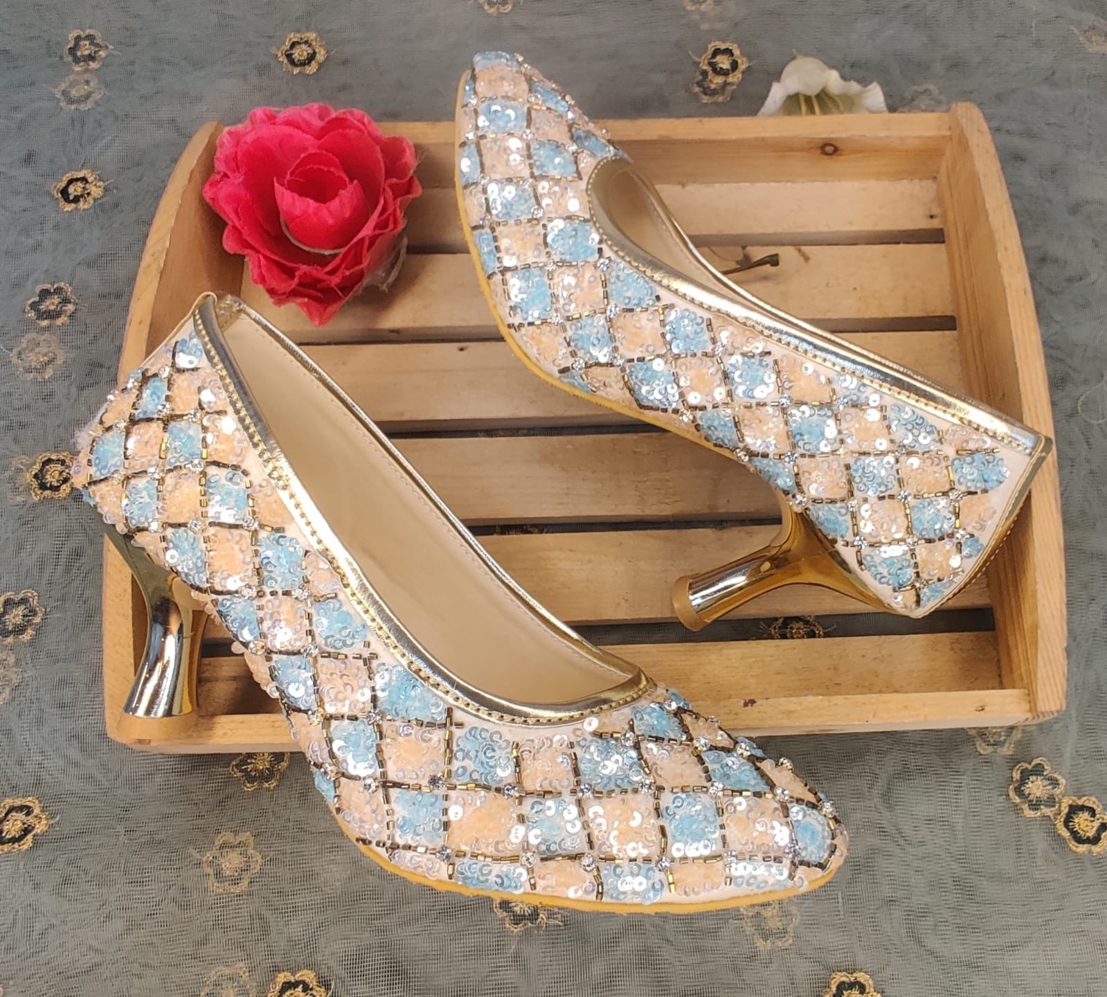 Blue and Peach Color Design Ethnic Heels