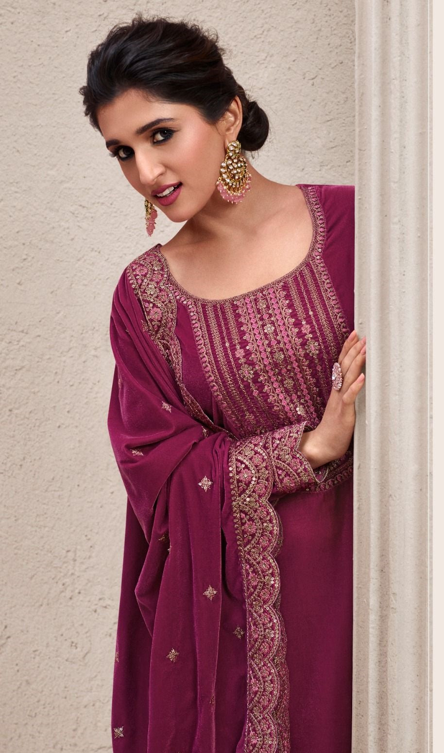 INAYA PURPLE PREMIUM VELVET EMBROIDERY DRESS MATERIAL