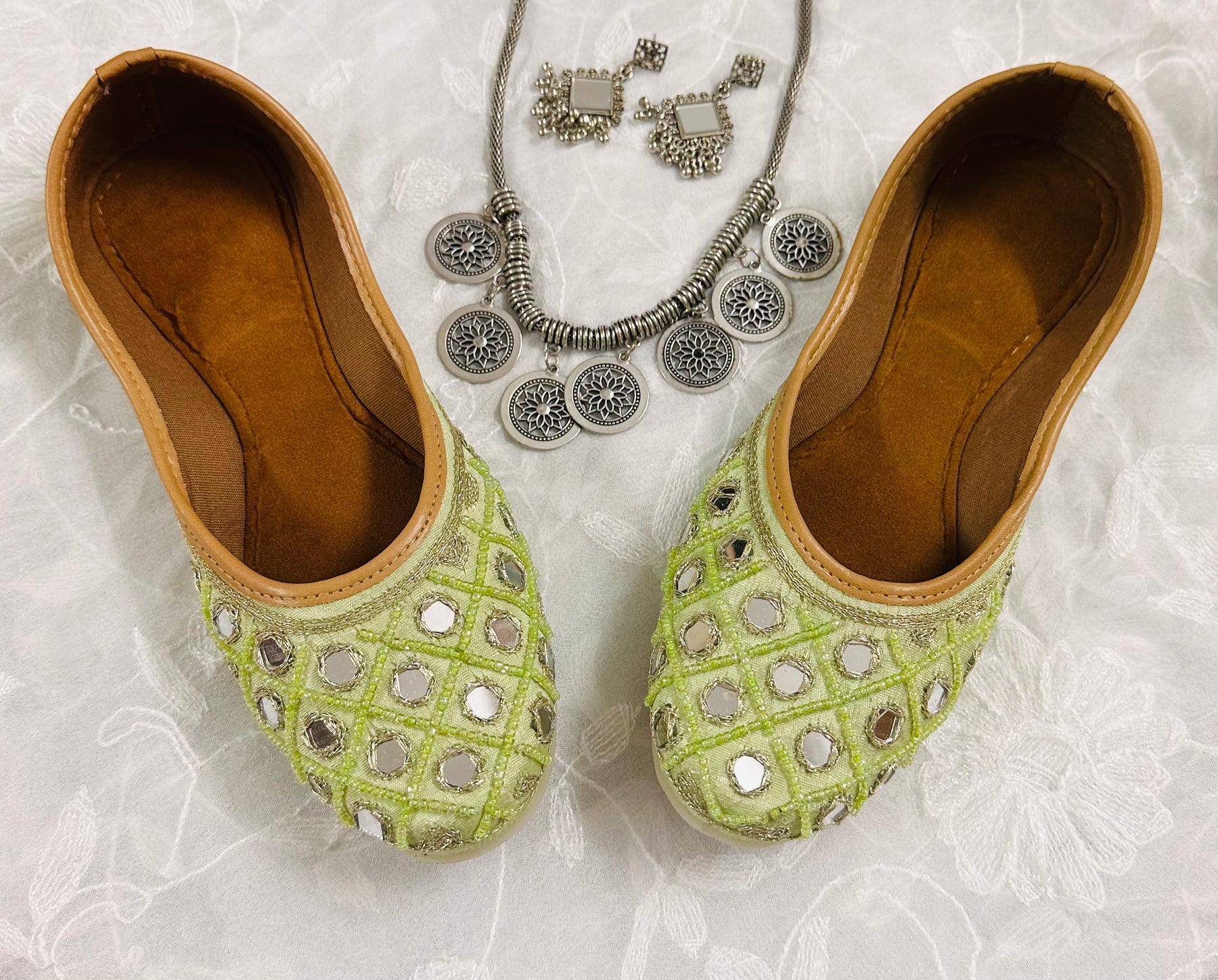 Regular Wear Pista Green Base with Mirror & Beads Works