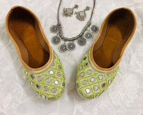 Regular Wear Pista Green Base with Mirror & Beads Works