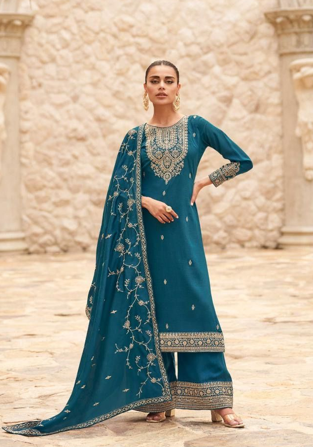 MEERA TURQUOISE BLUE COLOR PREMIUM SILK SALWAR SUIT DRESS MATERIAL