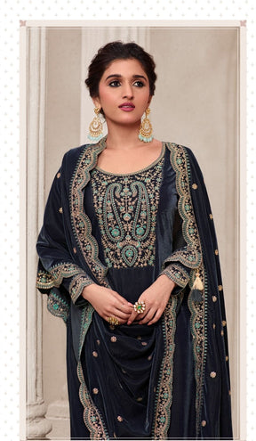 INAYA- NAVY BLUE PREMIUM VELVET EMBROIDERY DRESS MATERIAL