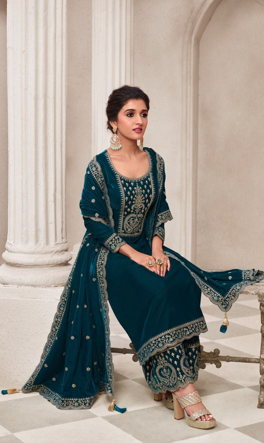 INAYA- Teal PREMIUM VELVET EMBROIDERY DRESS MATERIAL