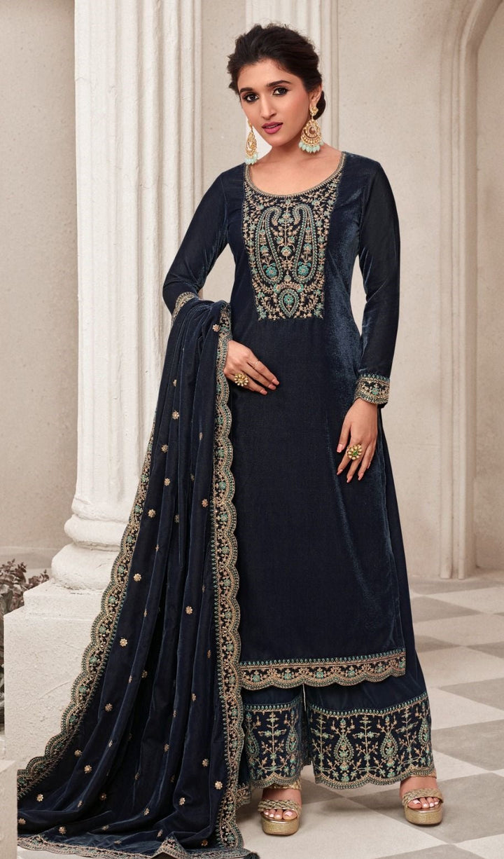 INAYA- NAVY BLUE PREMIUM VELVET EMBROIDERY DRESS MATERIAL