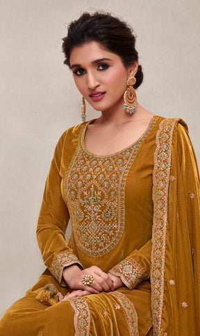 INAYA- MUSTARD PREMIUM VELVET EMBROIDERY DRESS MATERIAL